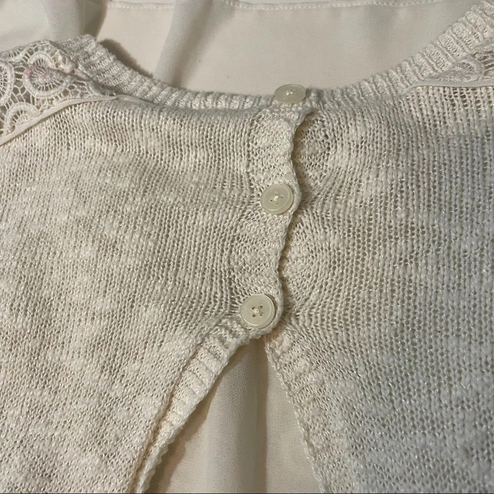 Lucky Brand Ivory Lace Chiffon Split Back Sweater Eyelet Medium - Picture 6 of 8